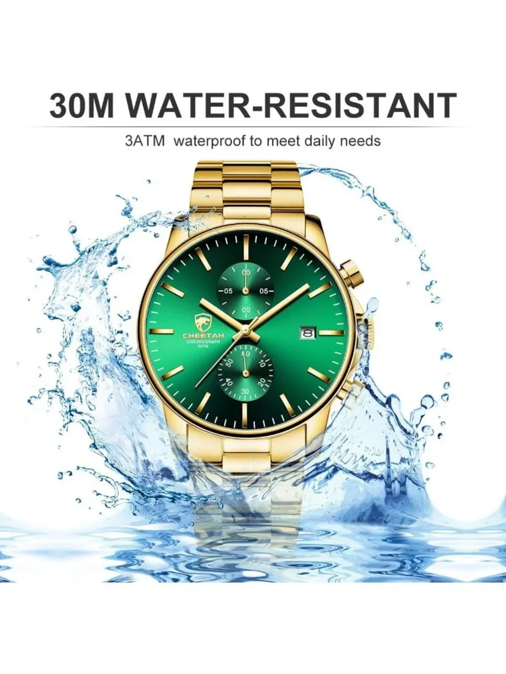 Men's Gold Green Classic Stainless Steel Waterproof Chronograph Quartz Watch